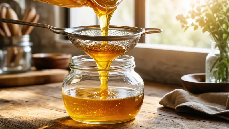 Golden honey being poured through a fine mesh strainer into a glass jar on a wooden counter