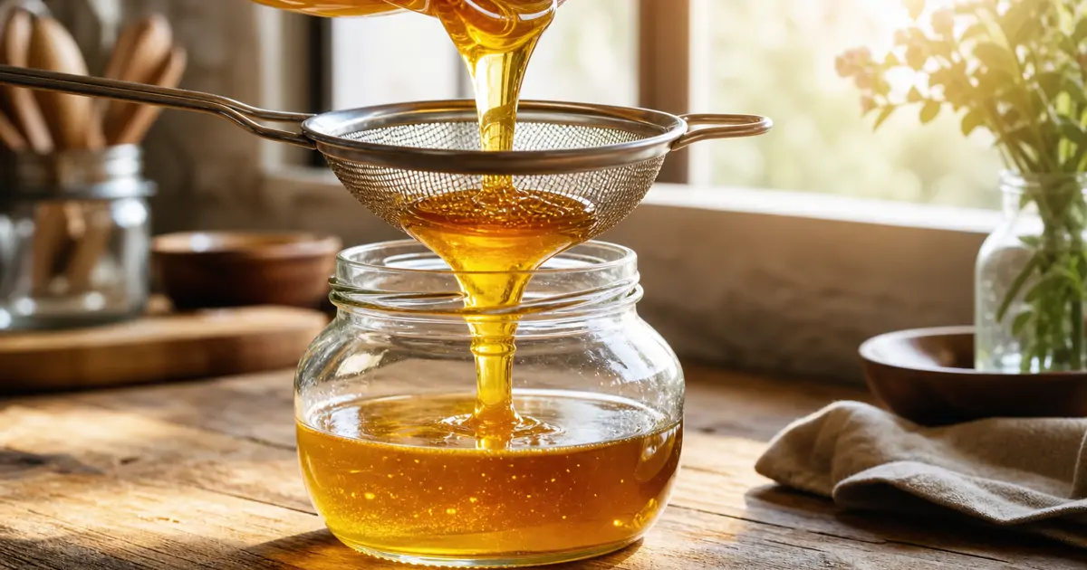 Golden honey being poured through a fine mesh strainer into a glass jar on a wooden counter