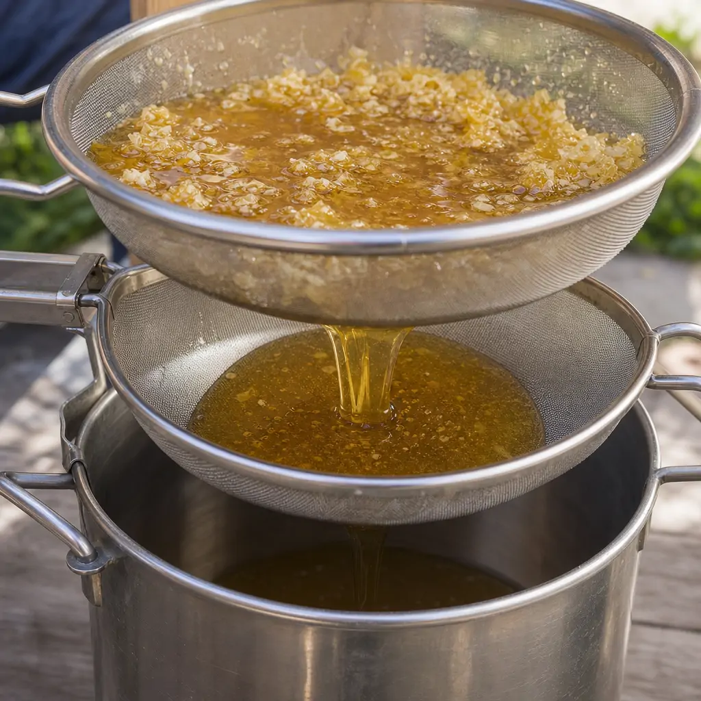 Two stacked mesh sieves filtering raw honey into a bucket showing coarse and fine straining stages