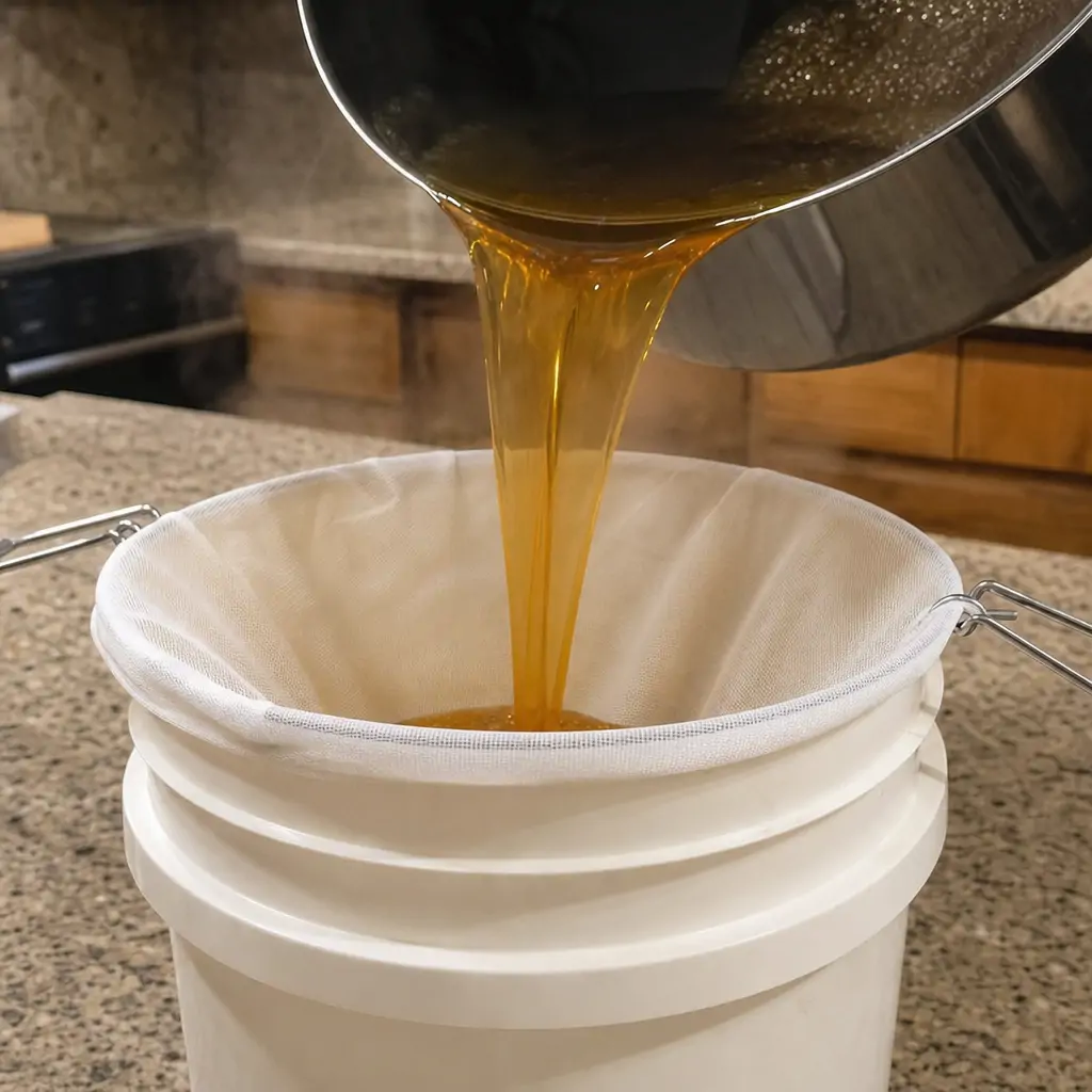 Warm honey being poured slowly through a cloth strainer bag into a clean bottling bucket