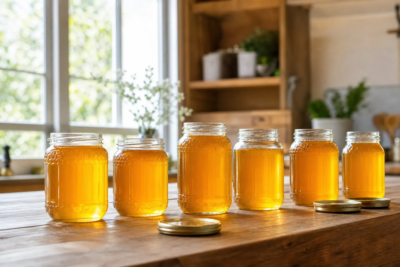 Row of filled glass honey jars with clean rims cooling on a countertop before sealing